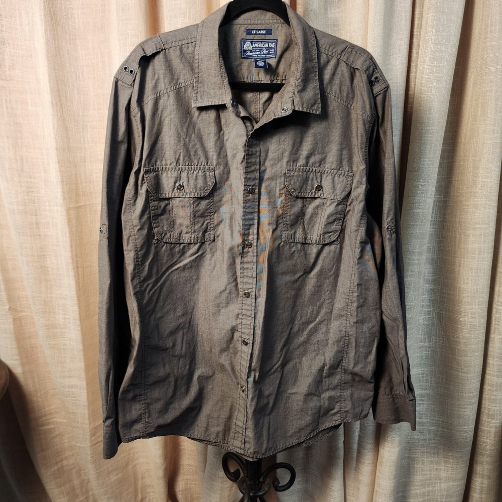American Rag Mens XXL Brown Utility Button Down Shirt Long Sleeve Cotton Blend